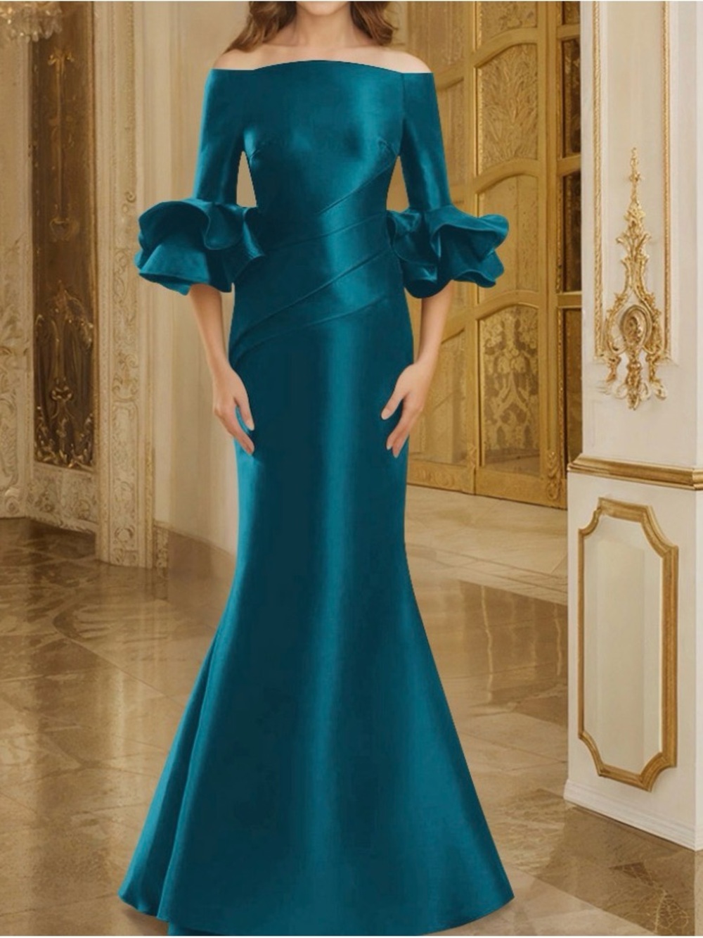 Off‑Shoulder Teal Mermaid Evening Dress with Statement Ruffle Sleeves